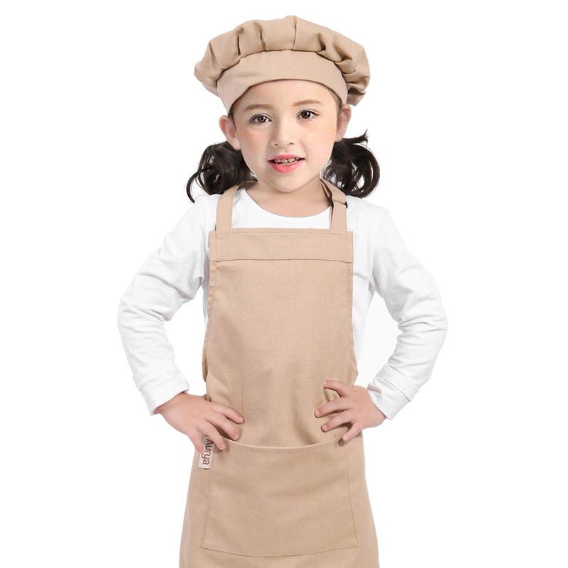Aurya Kids Apron and Chef Hat Set-Adjustable Child Apron for Boys and Girls for Cooking Baking Khaki - Image 5
